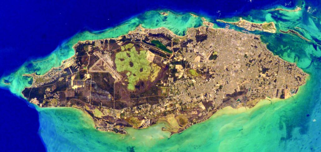 Map of the New Providence Island, as seen from satellite images. (Image from NASA.)